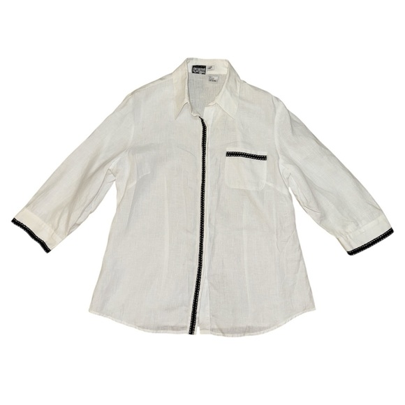 Richard Malcolm Irish Linen white black trim button down women’s size large - Picture 1 of 11